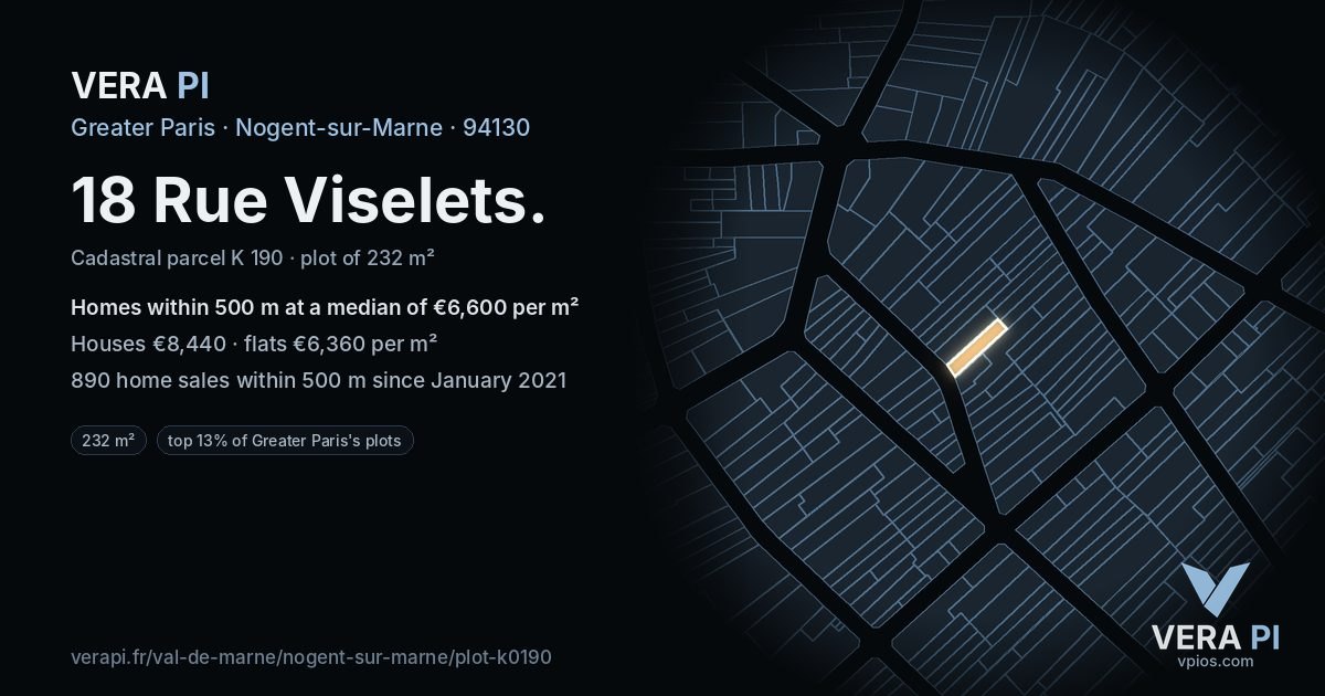 18 Rue Viselets, Nogent-sur-Marne at night – the plot lit, the parcels around coloured by the prices near them