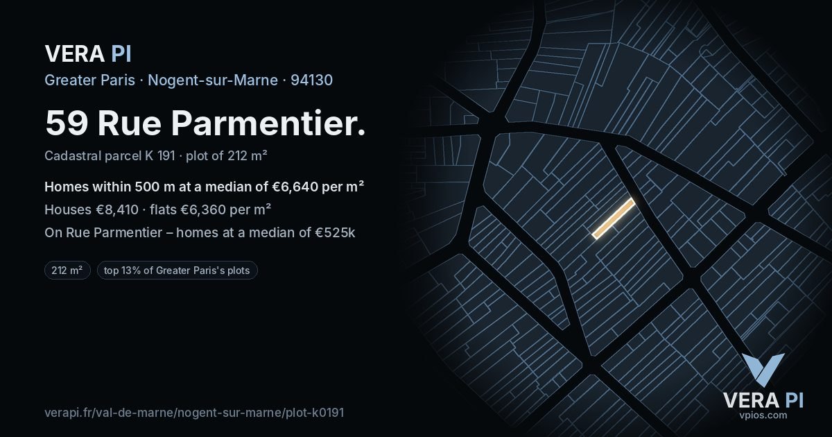 59 Rue Parmentier, Nogent-sur-Marne at night – the plot lit, the parcels around coloured by the prices near them