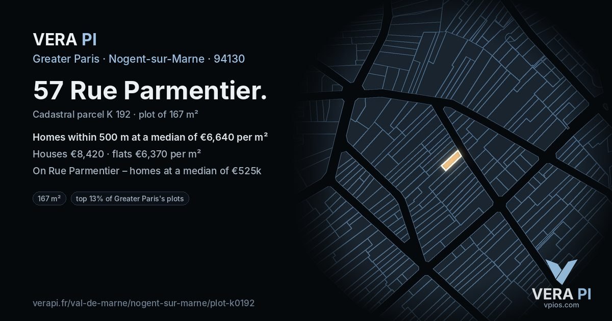57 Rue Parmentier, Nogent-sur-Marne at night – the plot lit, the parcels around coloured by the prices near them