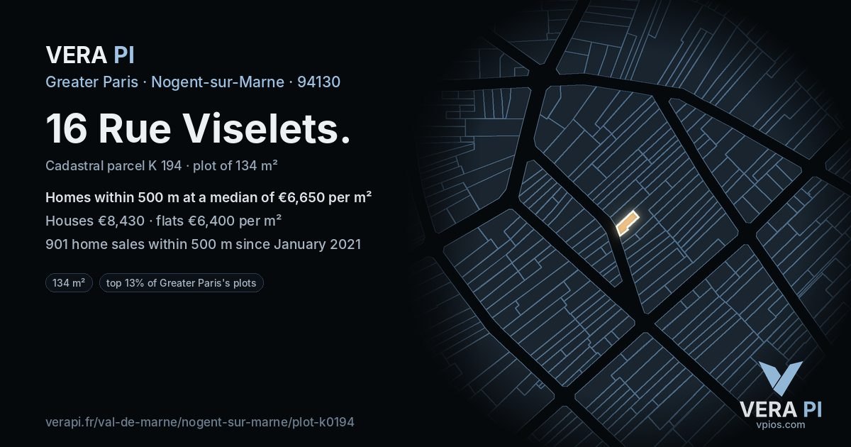 16 Rue Viselets, Nogent-sur-Marne at night – the plot lit, the parcels around coloured by the prices near them