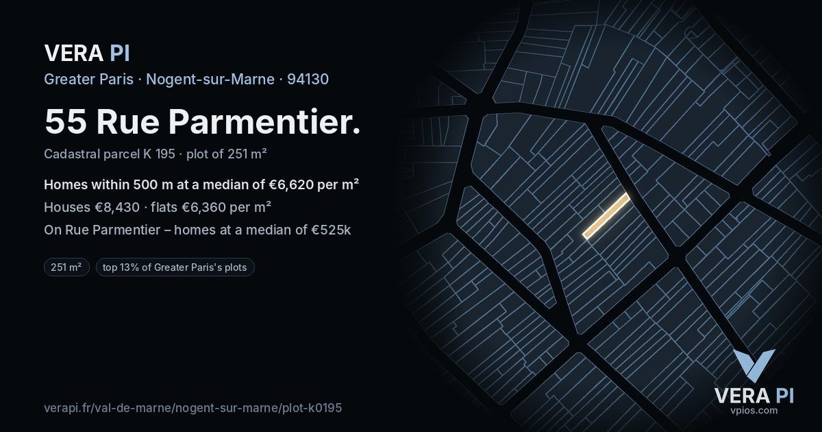 55 Rue Parmentier, Nogent-sur-Marne at night – the plot lit, the parcels around coloured by the prices near them