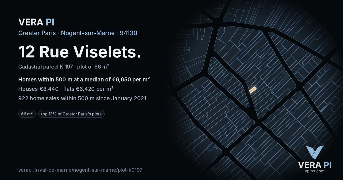 12 Rue Viselets, Nogent-sur-Marne at night – the plot lit, the parcels around coloured by the prices near them