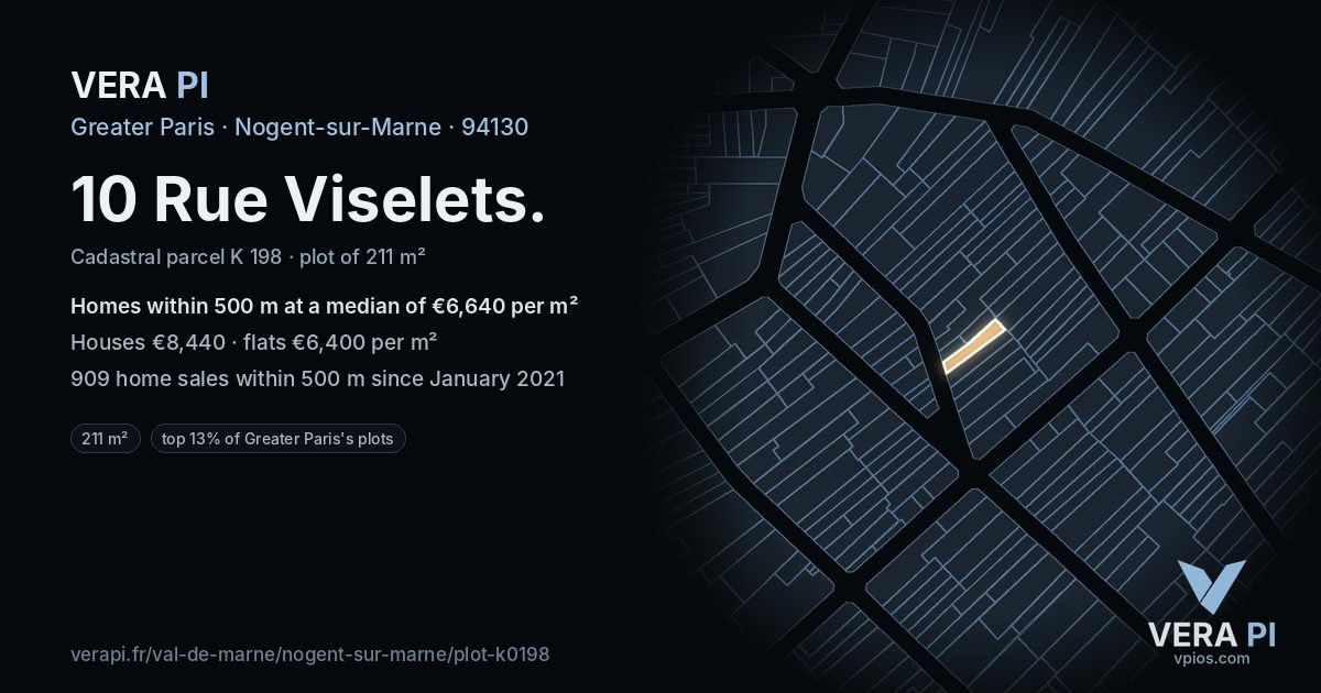 10 Rue Viselets, Nogent-sur-Marne at night – the plot lit, the parcels around coloured by the prices near them