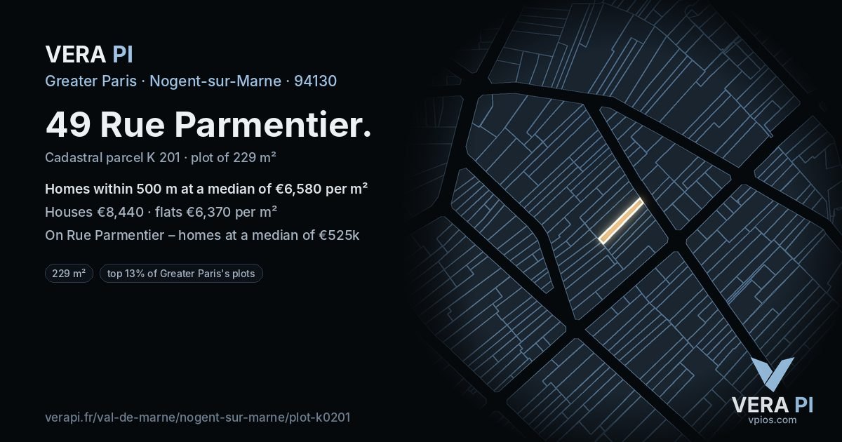 49 Rue Parmentier, Nogent-sur-Marne at night – the plot lit, the parcels around coloured by the prices near them