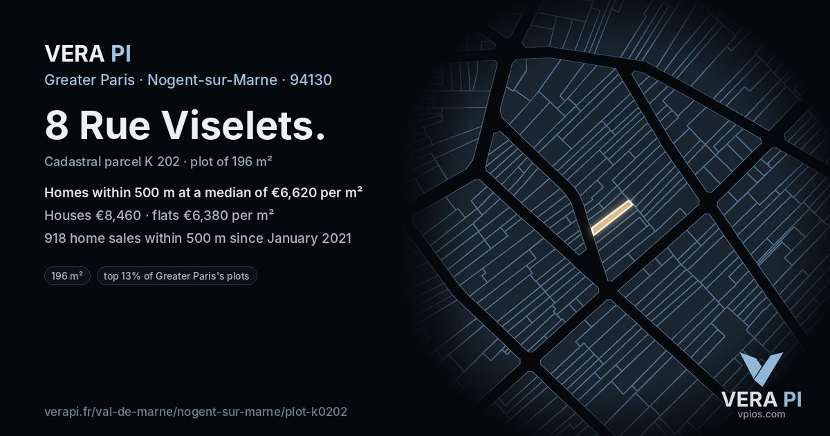 8 Rue Viselets, Nogent-sur-Marne at night – the plot lit, the parcels around coloured by the prices near them