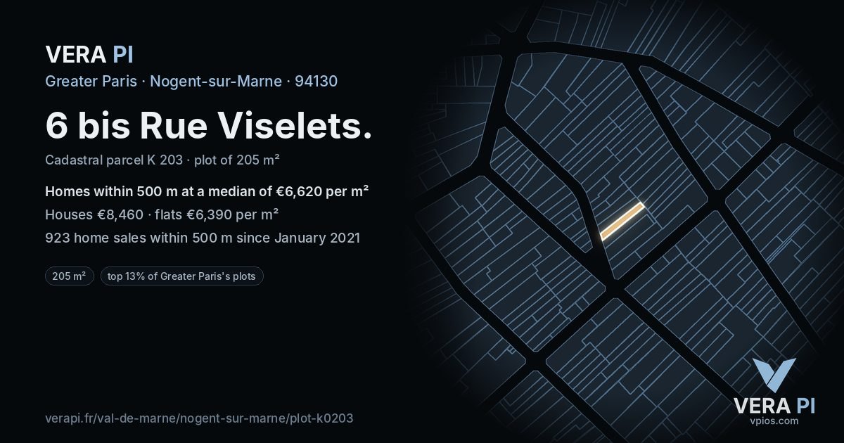 6 bis Rue Viselets, Nogent-sur-Marne at night – the plot lit, the parcels around coloured by the prices near them