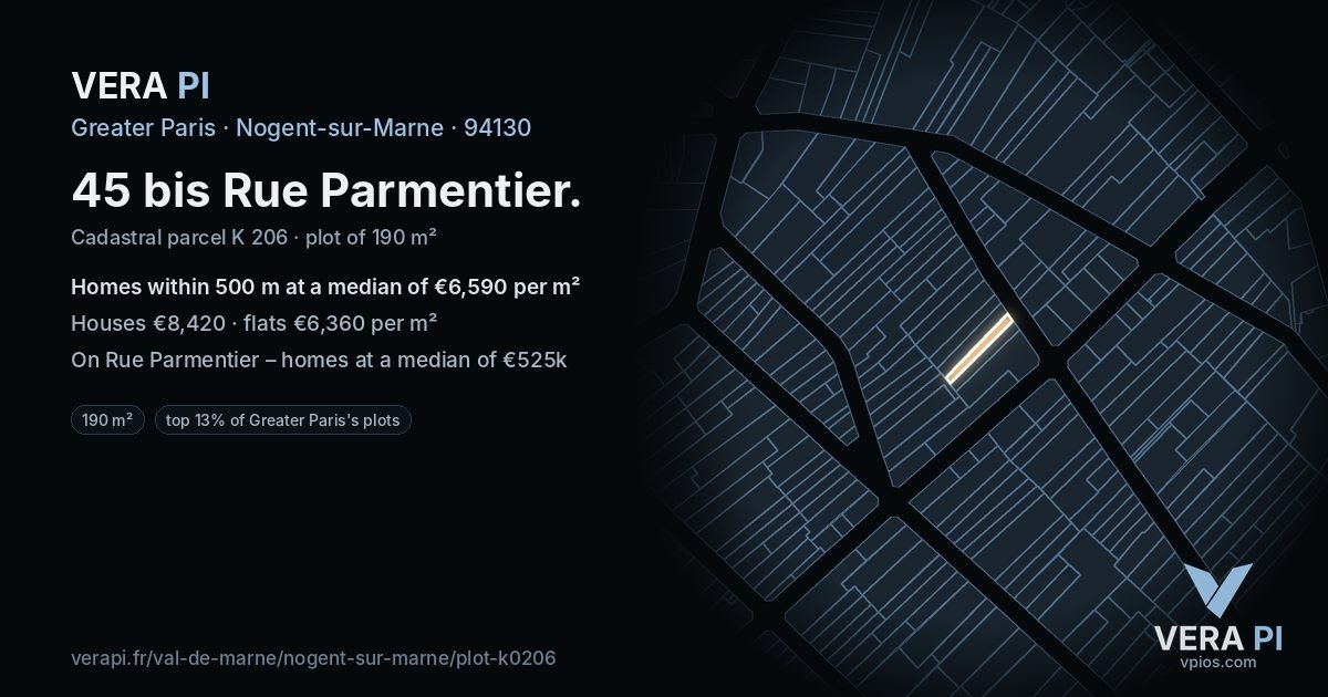 45 bis Rue Parmentier, Nogent-sur-Marne at night – the plot lit, the parcels around coloured by the prices near them
