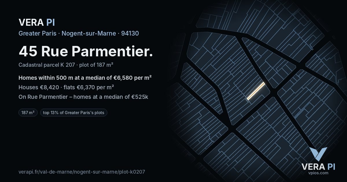 45 Rue Parmentier, Nogent-sur-Marne at night – the plot lit, the parcels around coloured by the prices near them