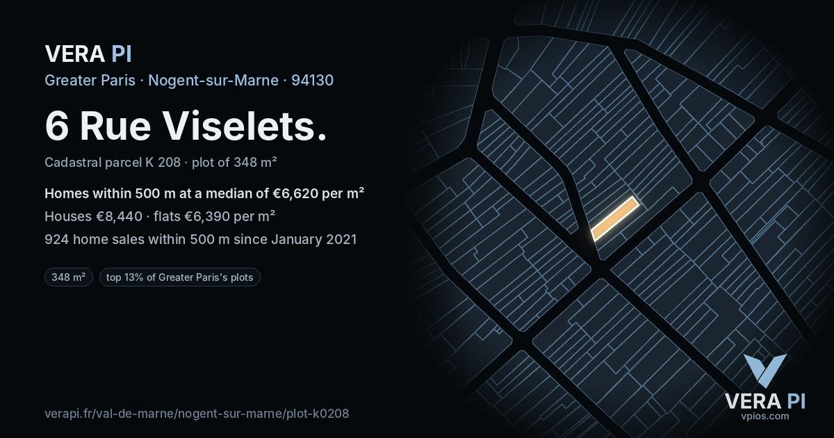 6 Rue Viselets, Nogent-sur-Marne at night – the plot lit, the parcels around coloured by the prices near them