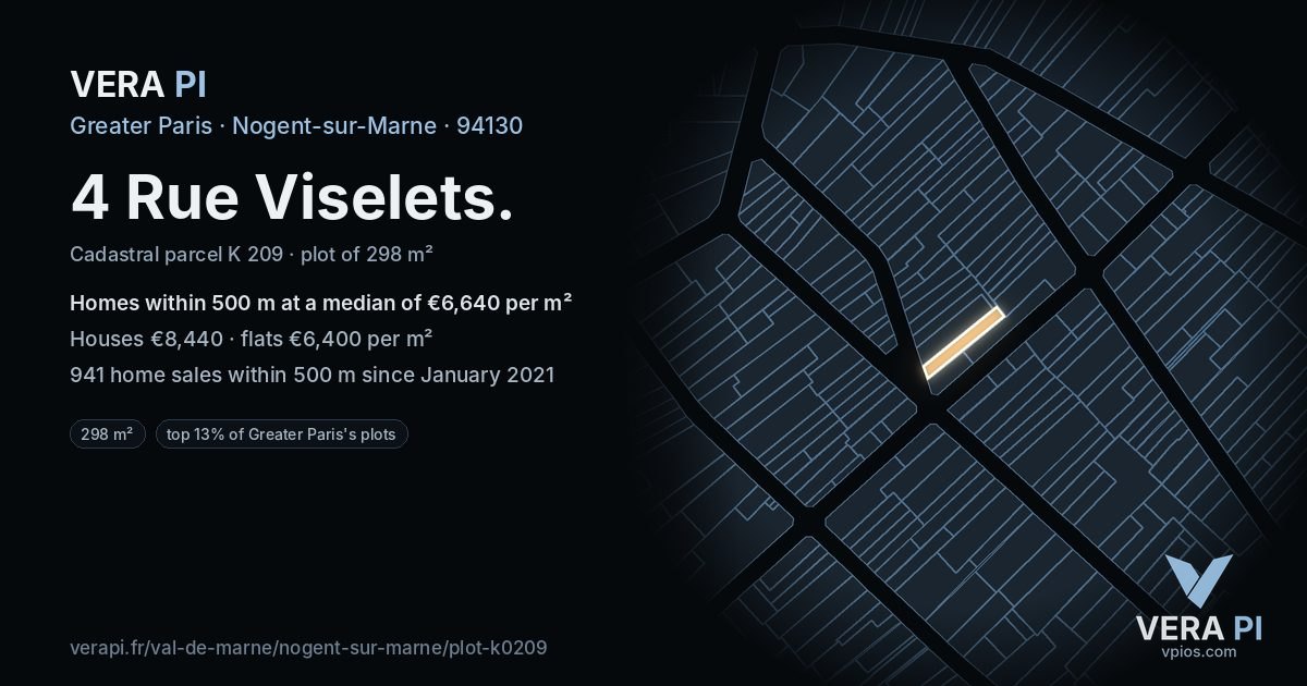 4 Rue Viselets, Nogent-sur-Marne at night – the plot lit, the parcels around coloured by the prices near them