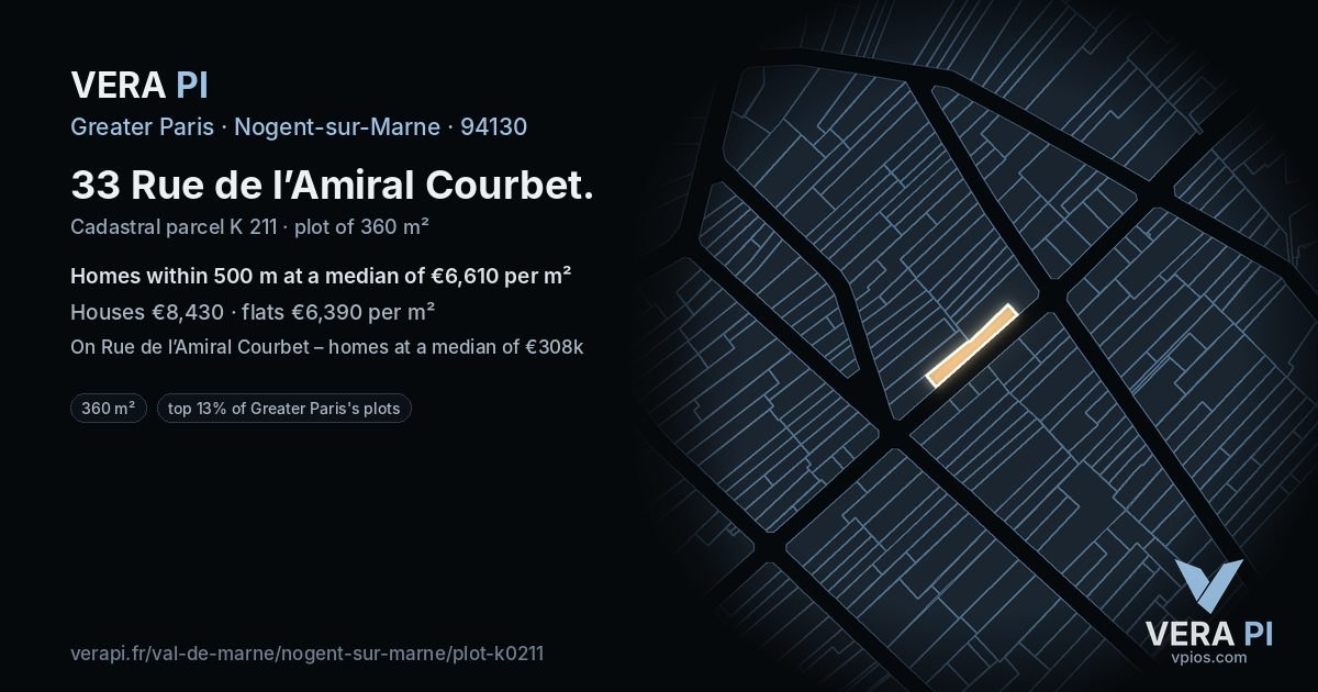 33 Rue de l’Amiral Courbet, Nogent-sur-Marne at night – the plot lit, the parcels around coloured by the prices near them