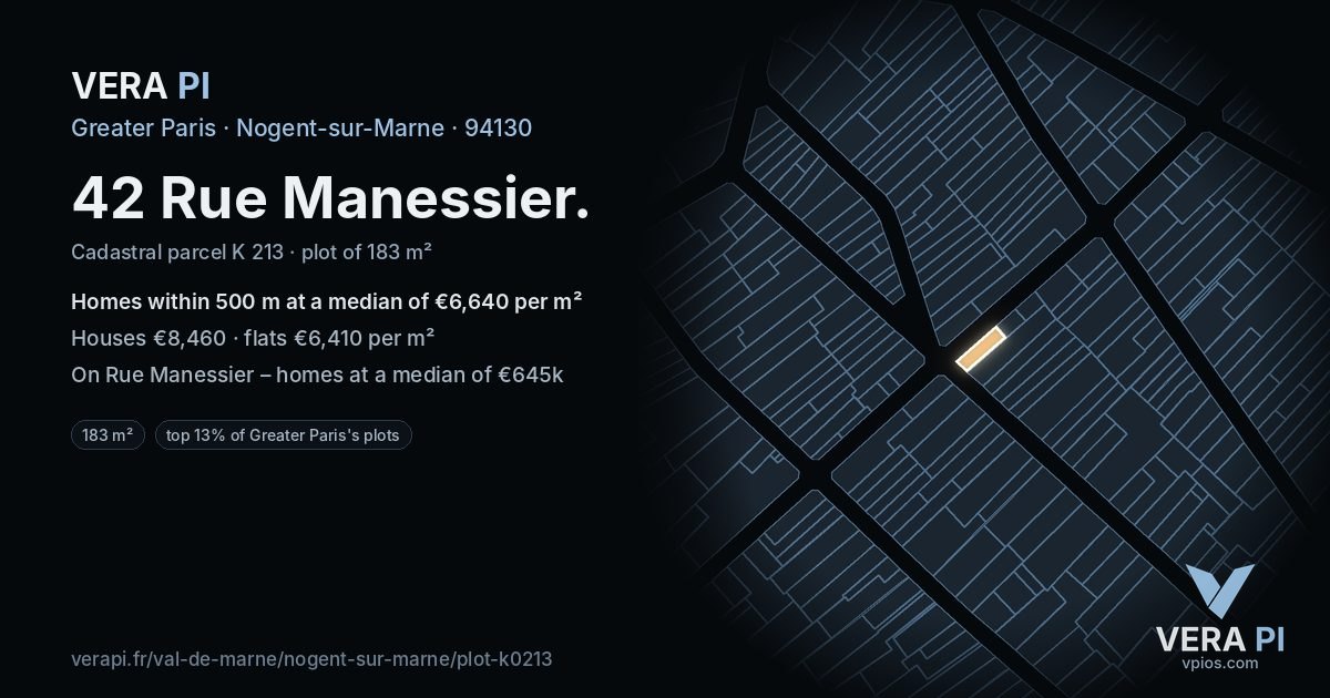 42 Rue Manessier, Nogent-sur-Marne at night – the plot lit, the parcels around coloured by the prices near them