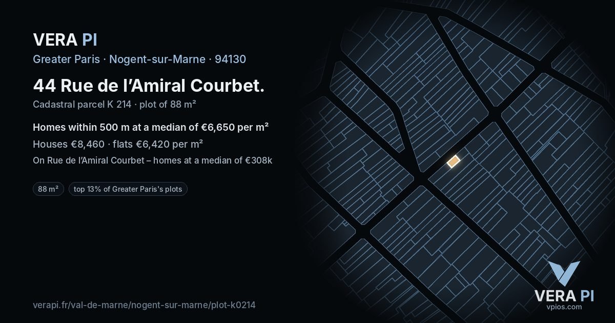 44 Rue de l’Amiral Courbet, Nogent-sur-Marne at night – the plot lit, the parcels around coloured by the prices near them