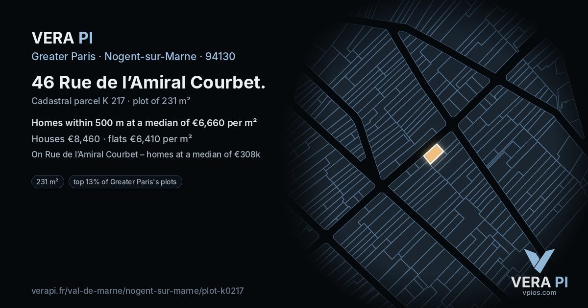 46 Rue de l’Amiral Courbet, Nogent-sur-Marne at night – the plot lit, the parcels around coloured by the prices near them