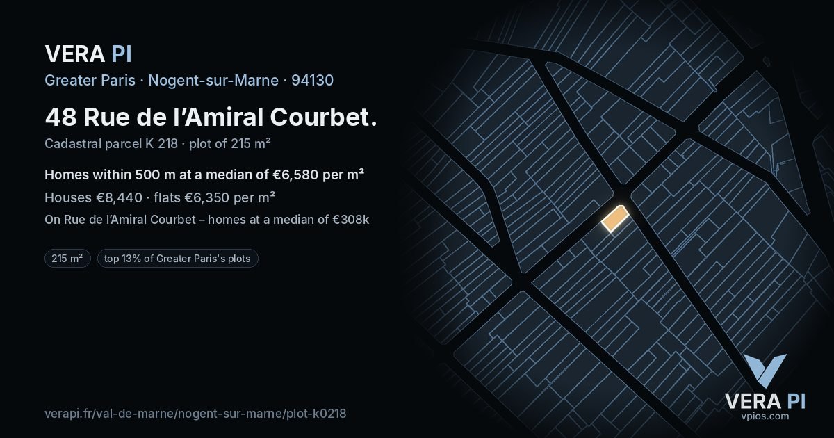 48 Rue de l’Amiral Courbet, Nogent-sur-Marne at night – the plot lit, the parcels around coloured by the prices near them