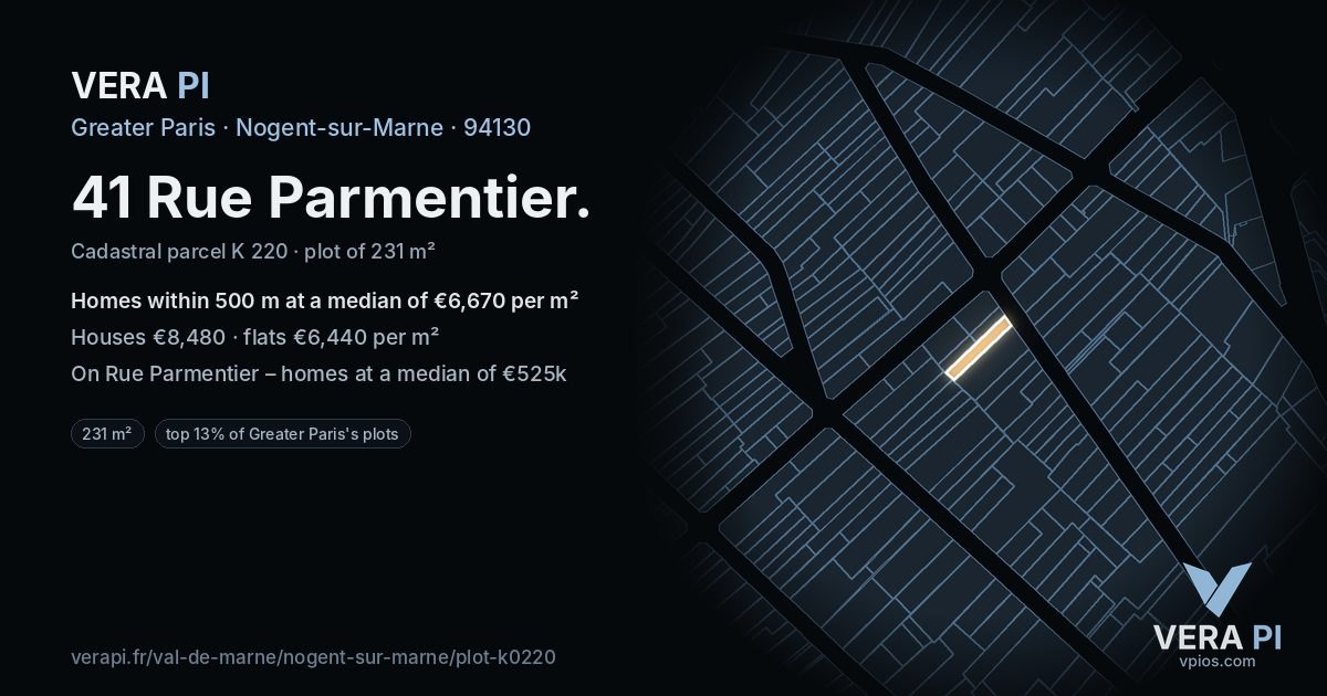 41 Rue Parmentier, Nogent-sur-Marne at night – the plot lit, the parcels around coloured by the prices near them