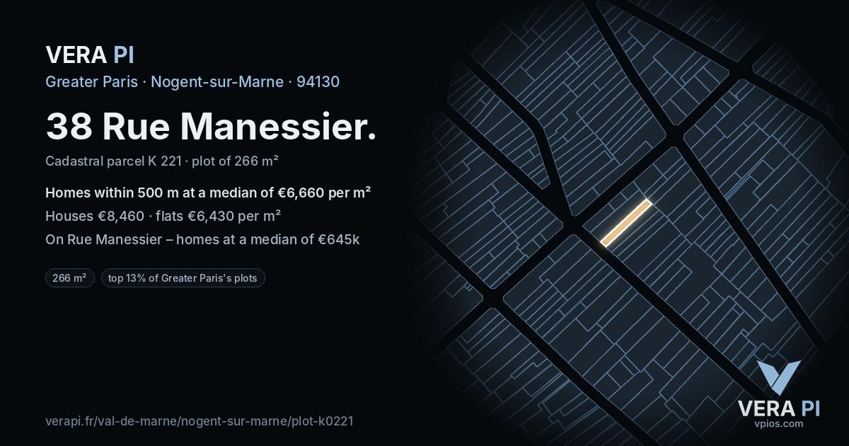38 Rue Manessier, Nogent-sur-Marne at night – the plot lit, the parcels around coloured by the prices near them