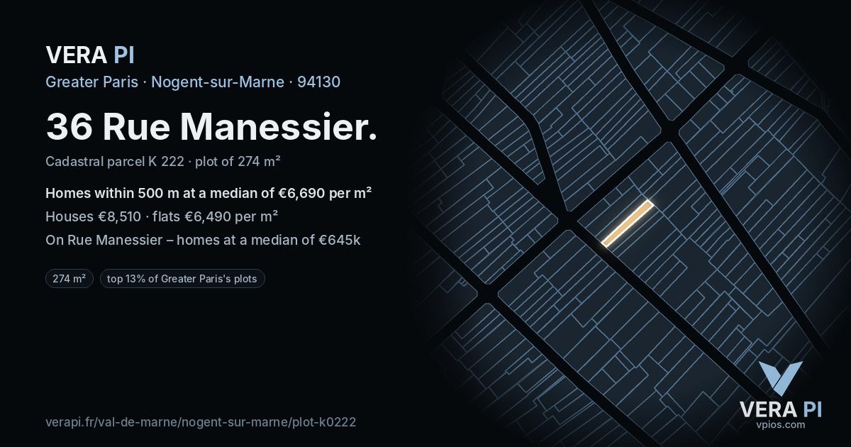 36 Rue Manessier, Nogent-sur-Marne at night – the plot lit, the parcels around coloured by the prices near them