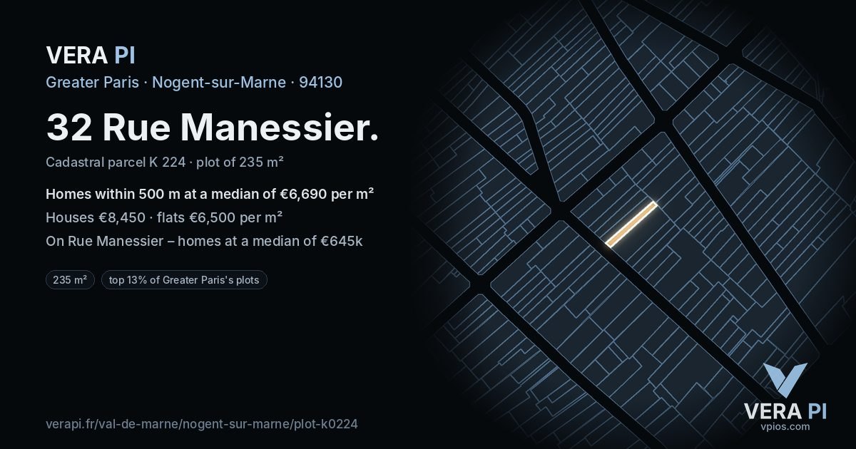 32 Rue Manessier, Nogent-sur-Marne at night – the plot lit, the parcels around coloured by the prices near them