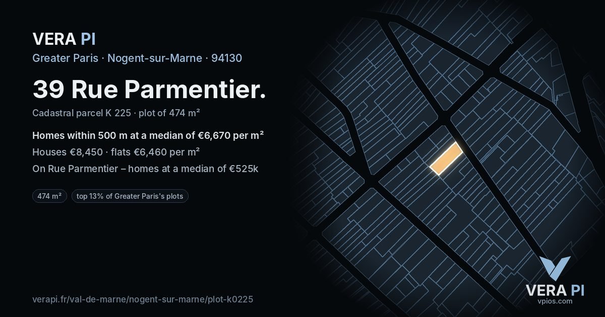 39 Rue Parmentier, Nogent-sur-Marne at night – the plot lit, the parcels around coloured by the prices near them