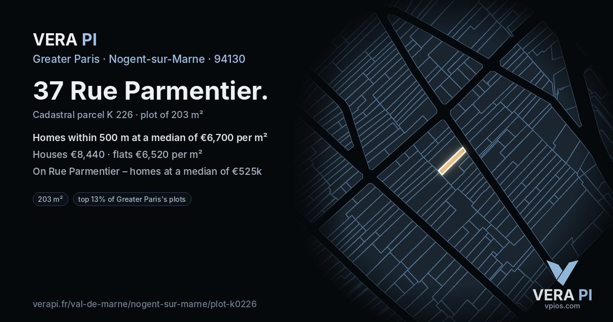 37 Rue Parmentier, Nogent-sur-Marne at night – the plot lit, the parcels around coloured by the prices near them