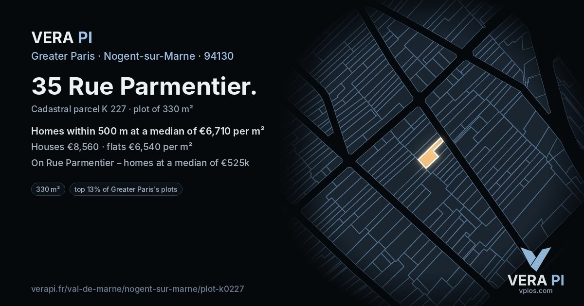 35 Rue Parmentier, Nogent-sur-Marne at night – the plot lit, the parcels around coloured by the prices near them