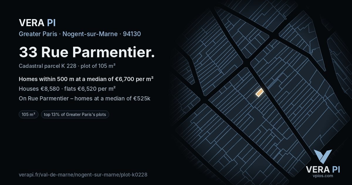 33 Rue Parmentier, Nogent-sur-Marne at night – the plot lit, the parcels around coloured by the prices near them