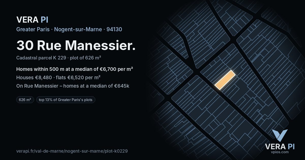 30 Rue Manessier, Nogent-sur-Marne at night – the plot lit, the parcels around coloured by the prices near them