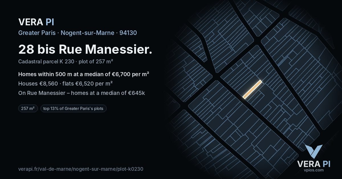 28 bis Rue Manessier, Nogent-sur-Marne at night – the plot lit, the parcels around coloured by the prices near them