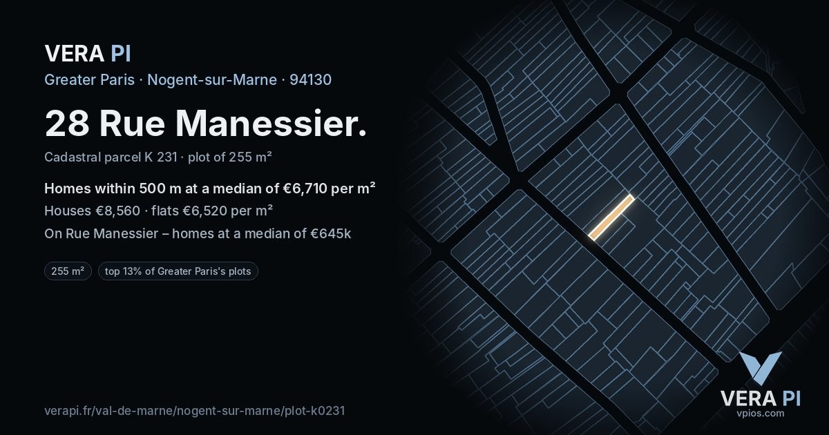 28 Rue Manessier, Nogent-sur-Marne at night – the plot lit, the parcels around coloured by the prices near them