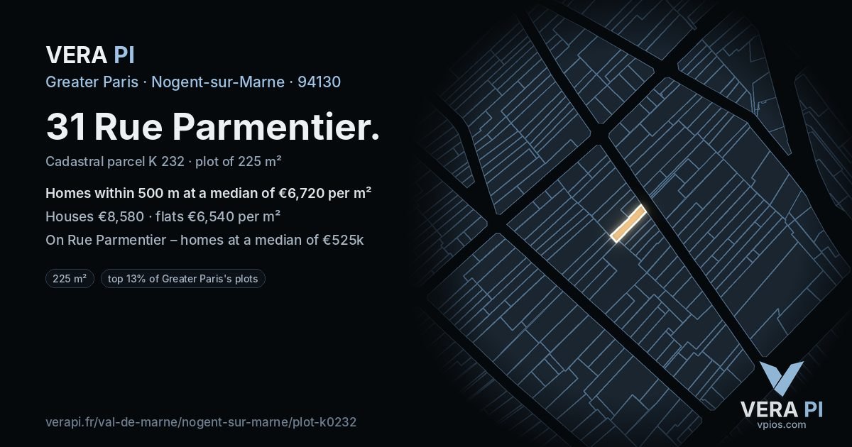 31 Rue Parmentier, Nogent-sur-Marne at night – the plot lit, the parcels around coloured by the prices near them