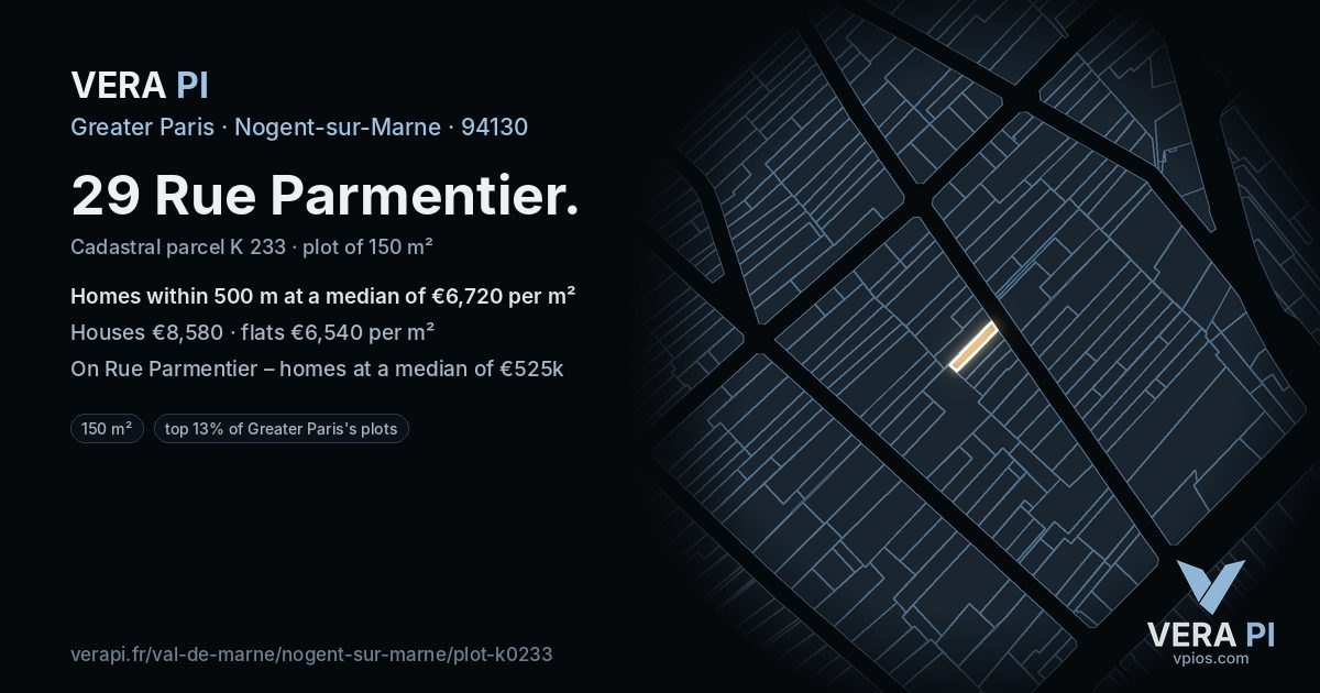 29 Rue Parmentier, Nogent-sur-Marne at night – the plot lit, the parcels around coloured by the prices near them