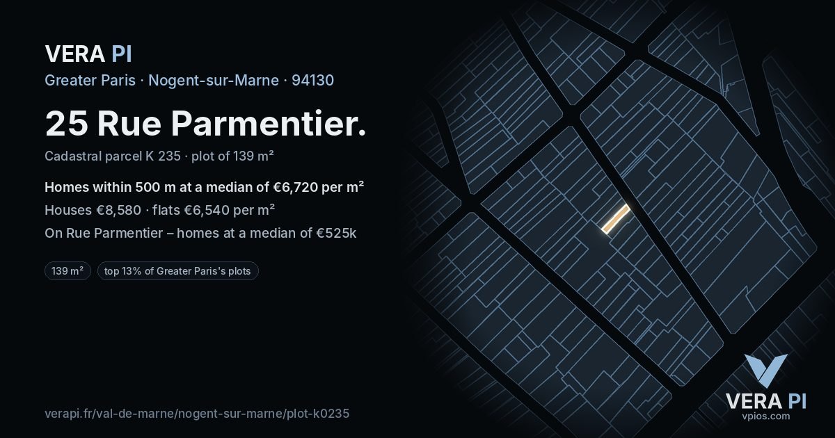 25 Rue Parmentier, Nogent-sur-Marne at night – the plot lit, the parcels around coloured by the prices near them