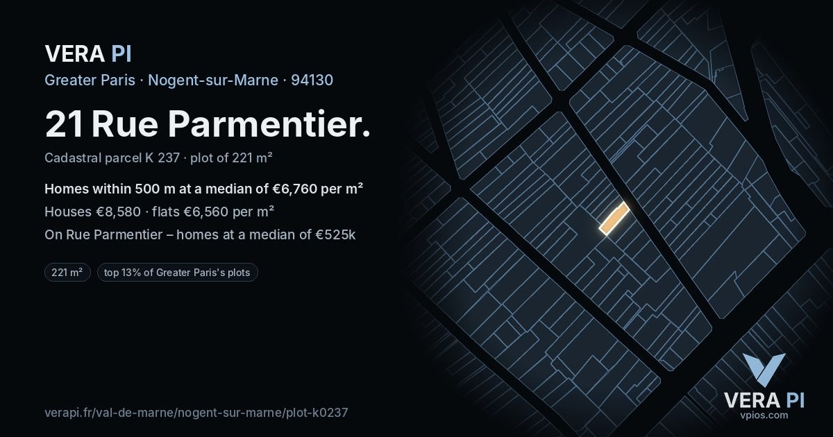 21 Rue Parmentier, Nogent-sur-Marne at night – the plot lit, the parcels around coloured by the prices near them