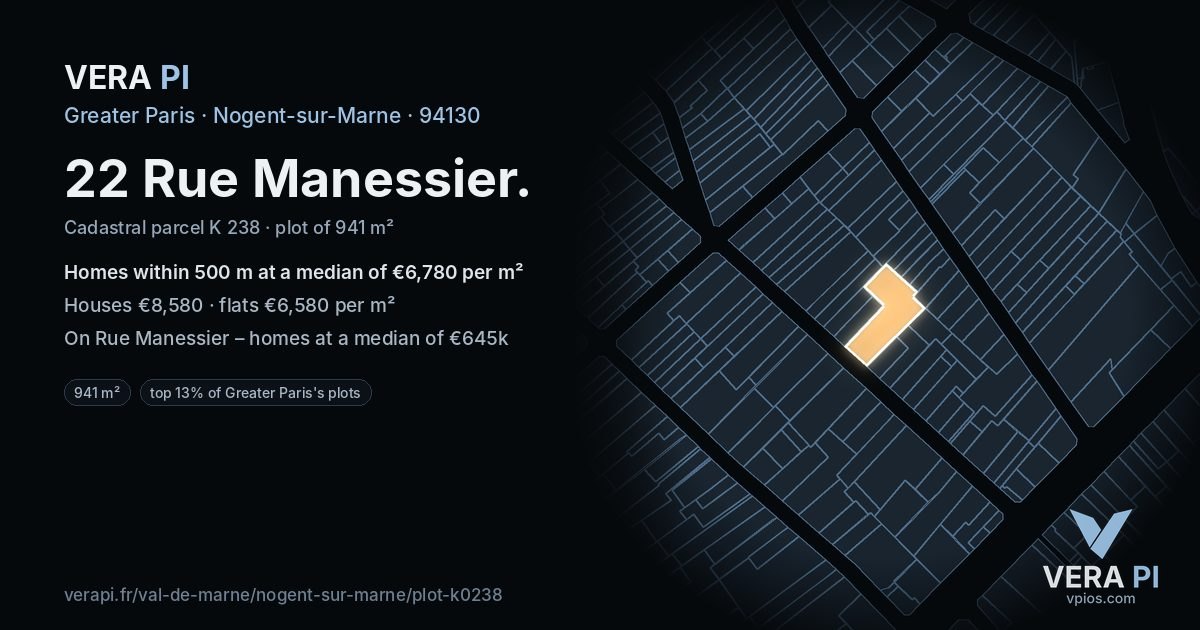 22 Rue Manessier, Nogent-sur-Marne at night – the plot lit, the parcels around coloured by the prices near them
