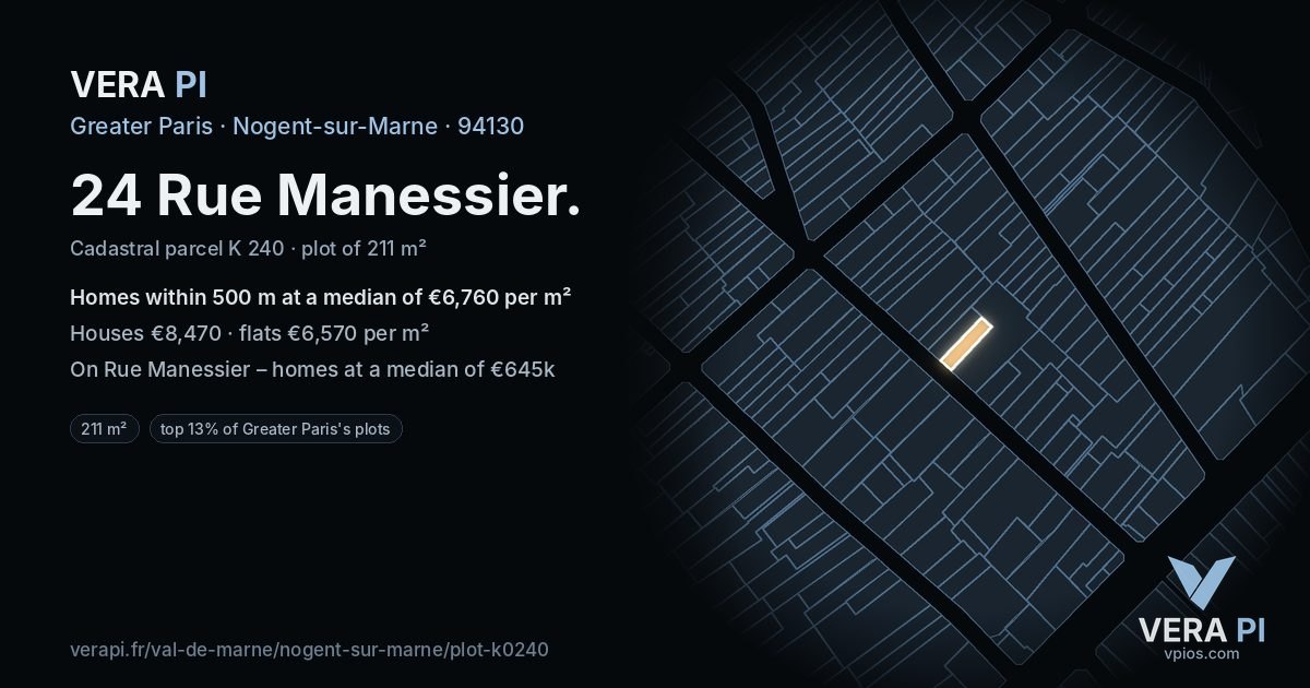 24 Rue Manessier, Nogent-sur-Marne at night – the plot lit, the parcels around coloured by the prices near them