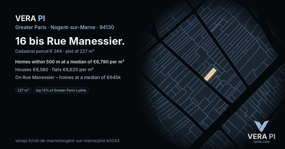 16 bis Rue Manessier, Nogent-sur-Marne at night – the plot lit, the parcels around coloured by the prices near them