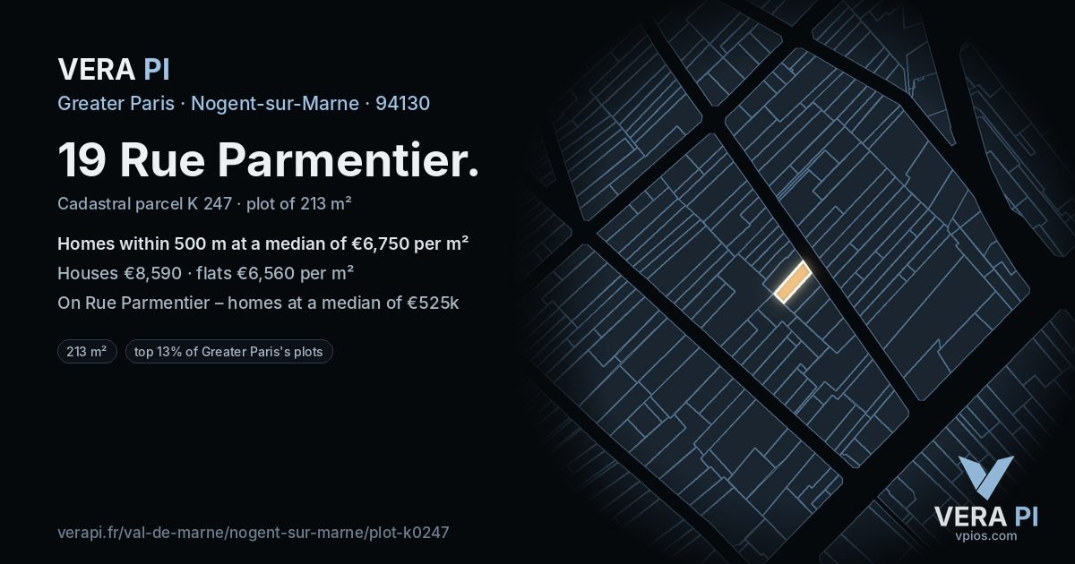 19 Rue Parmentier, Nogent-sur-Marne at night – the plot lit, the parcels around coloured by the prices near them