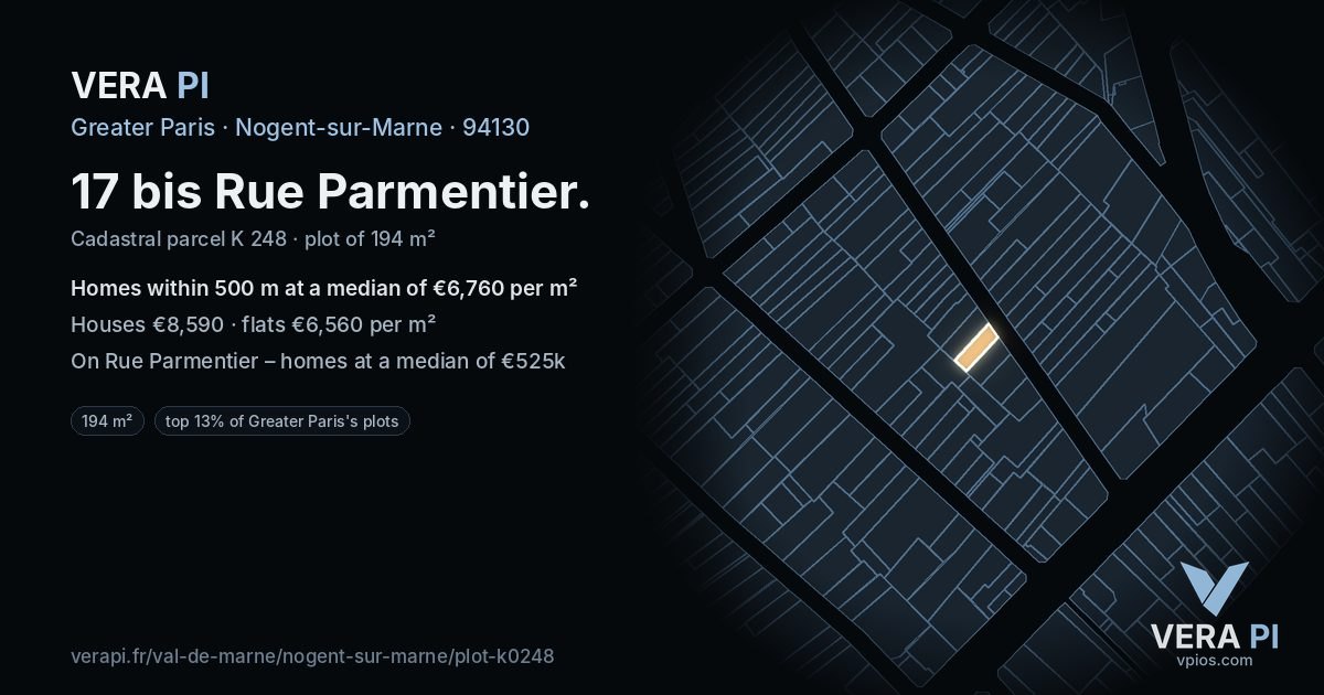 17 bis Rue Parmentier, Nogent-sur-Marne at night – the plot lit, the parcels around coloured by the prices near them