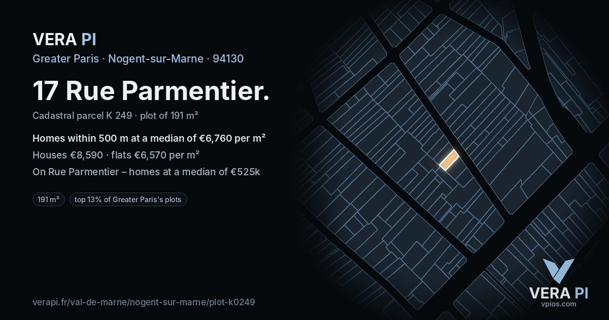 17 Rue Parmentier, Nogent-sur-Marne at night – the plot lit, the parcels around coloured by the prices near them