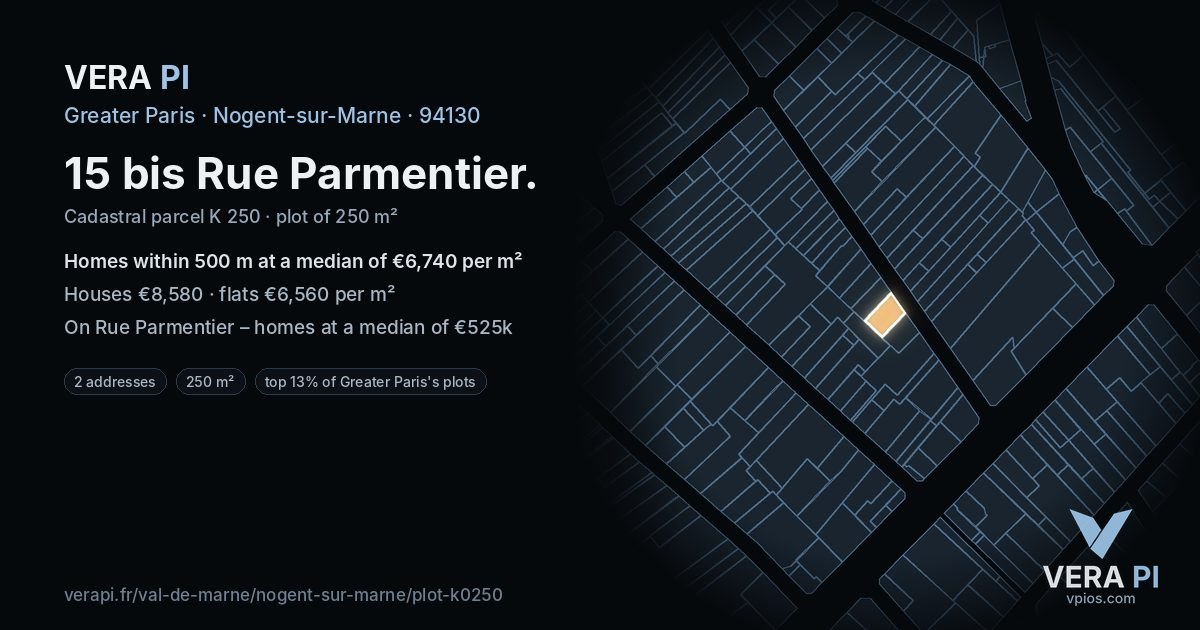 15 bis Rue Parmentier, Nogent-sur-Marne at night – the plot lit, the parcels around coloured by the prices near them