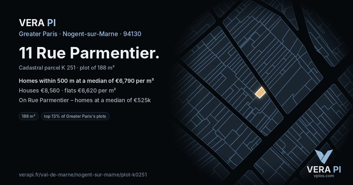 11 Rue Parmentier, Nogent-sur-Marne at night – the plot lit, the parcels around coloured by the prices near them