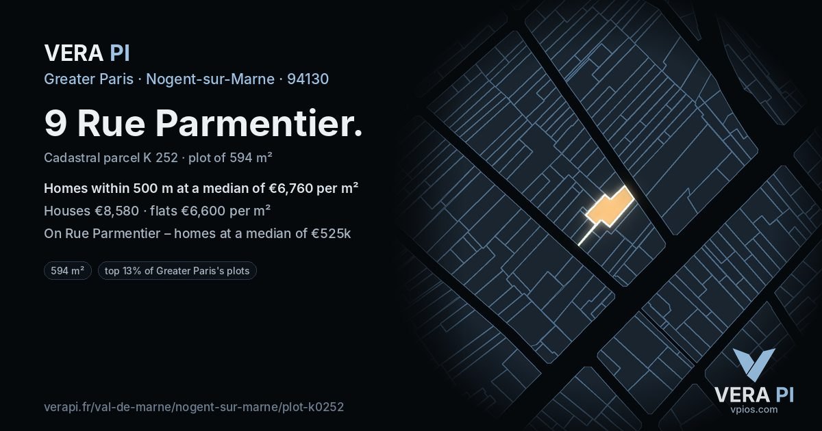 9 Rue Parmentier, Nogent-sur-Marne at night – the plot lit, the parcels around coloured by the prices near them