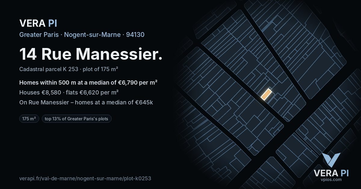 14 Rue Manessier, Nogent-sur-Marne at night – the plot lit, the parcels around coloured by the prices near them