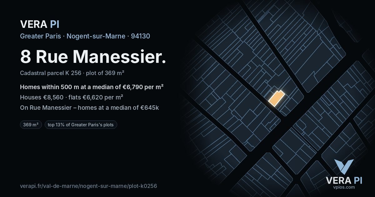 8 Rue Manessier, Nogent-sur-Marne at night – the plot lit, the parcels around coloured by the prices near them