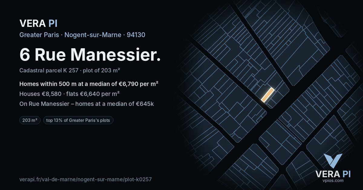 6 Rue Manessier, Nogent-sur-Marne at night – the plot lit, the parcels around coloured by the prices near them
