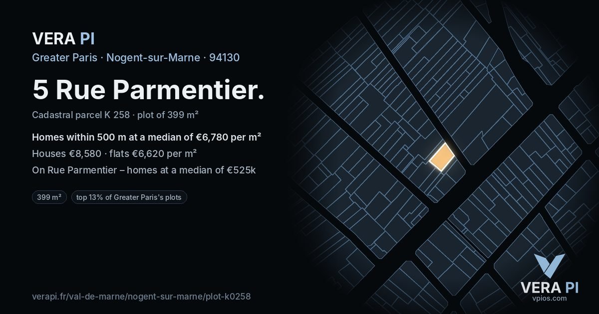 5 Rue Parmentier, Nogent-sur-Marne at night – the plot lit, the parcels around coloured by the prices near them