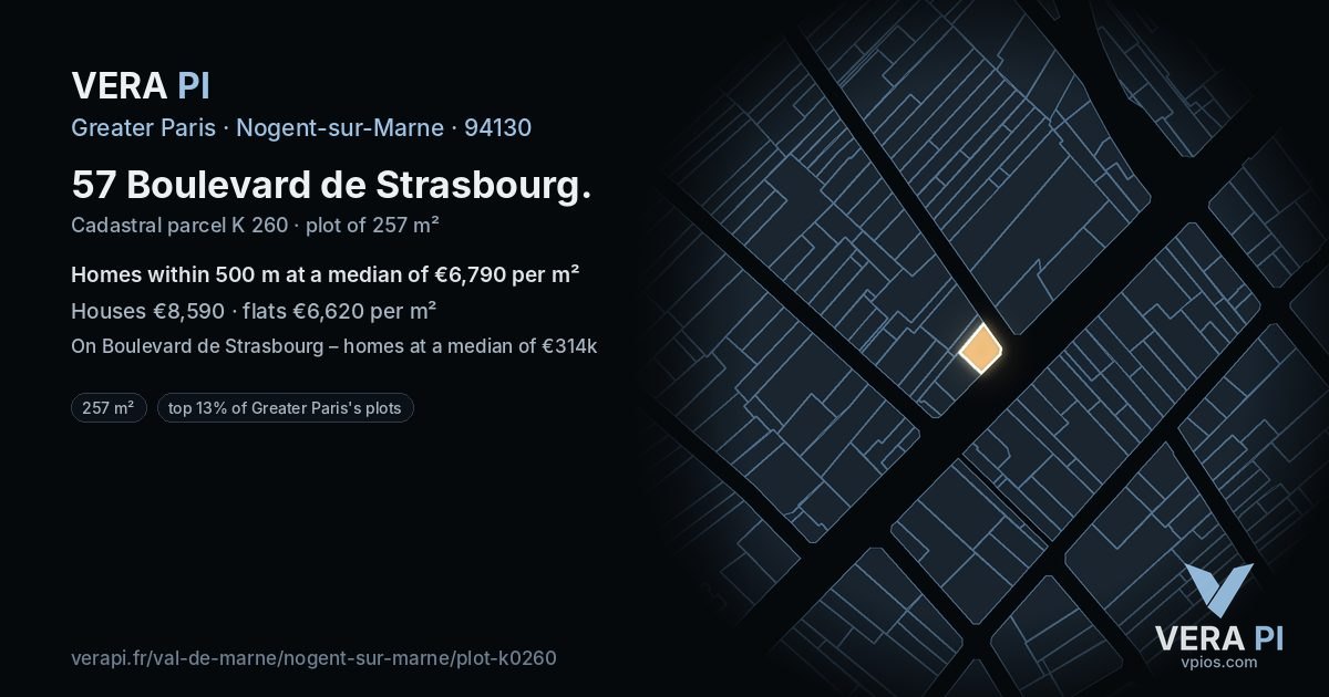 57 Boulevard de Strasbourg, Nogent-sur-Marne at night – the plot lit, the parcels around coloured by the prices near them