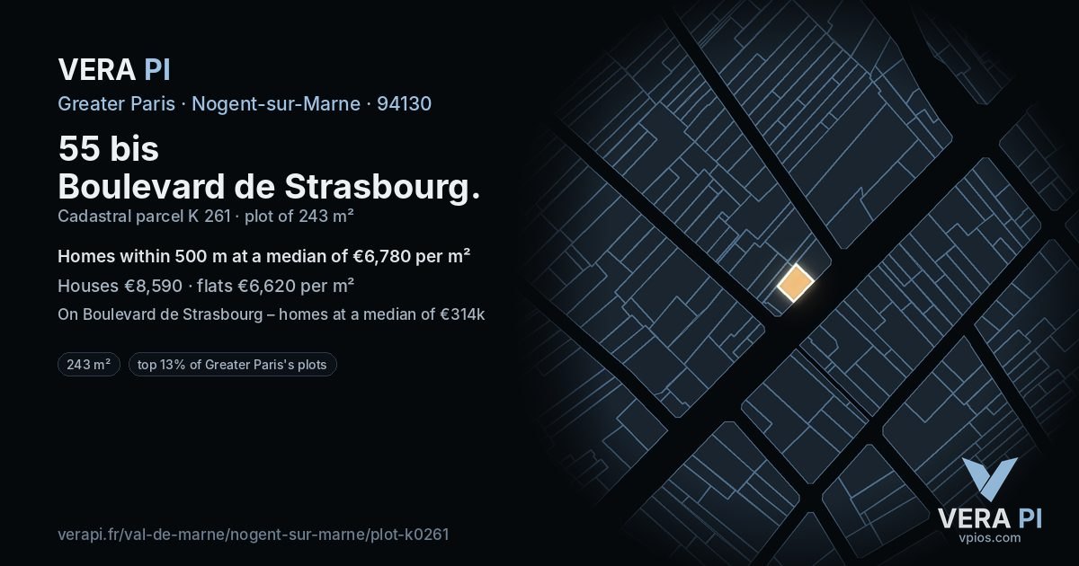 55 bis Boulevard de Strasbourg, Nogent-sur-Marne at night – the plot lit, the parcels around coloured by the prices near them