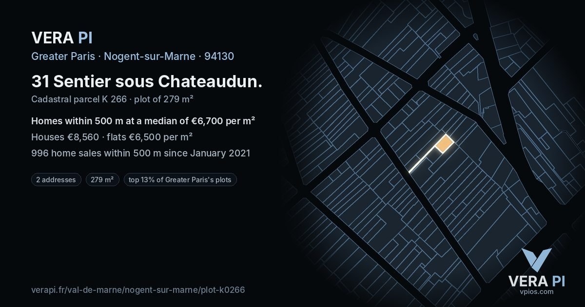 31 Sentier sous Chateaudun, Nogent-sur-Marne at night – the plot lit, the parcels around coloured by the prices near them